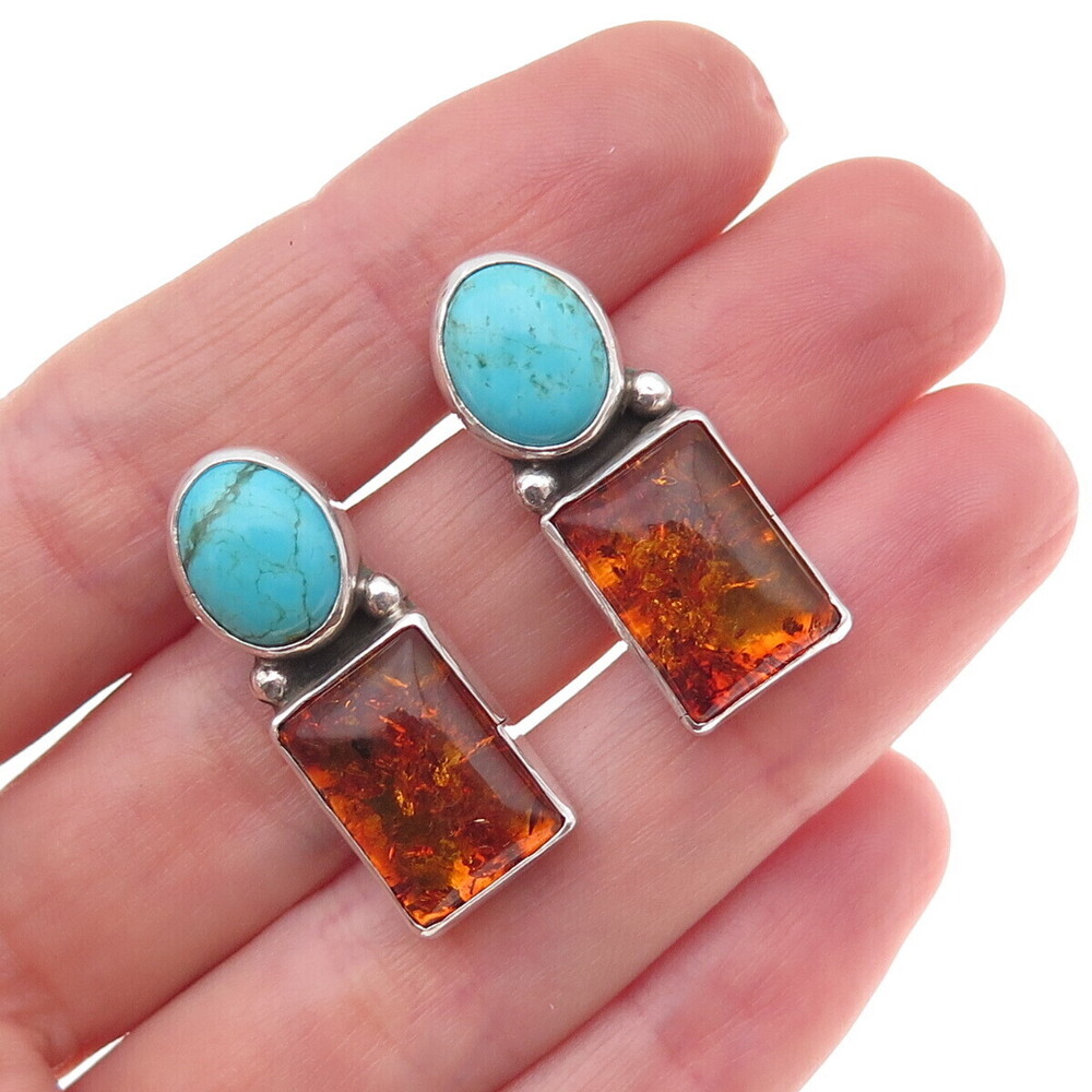 Old Pawn 925 Sterling Silver Vintage Southwestern Turquoise & Amber Earrings